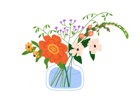 Floral bouquet, bunch in glass vase. Mixed field flowers, gentle blooms and branches. Wildflowers arrangement, delicate decor. Summer meadow blossoms. Flat vector, isolated on white backgroundのイラスト素材