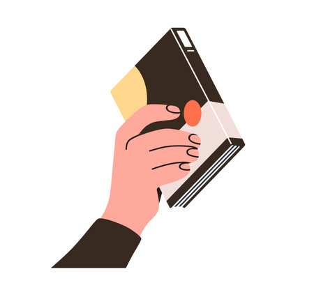 Hand holding book, giving, offering knowledge. Recommending literature to read. Student taking textbook. Education, study and learning concept. Flat vector illustration isolated on white backgroundのイラスト素材