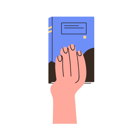 Hand holding closed book. Presenting academic paper literature, knowledge. Arm showing abstract education textbook, recommending to read, study. Flat vector illustration isolated on white backgroundのイラスト素材