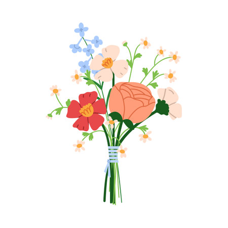 Flower bouquet, bunch. Garden and field blossoms, stems tied with string. Floral arrangement of roses, daisies, wildflowers. Gentle blooms. Flat vector illustration isolated on white backgroundのイラスト素材