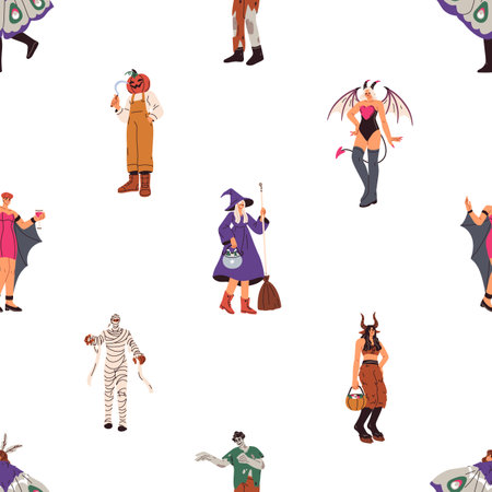 Halloween masquerade, party, seamless pattern. People in witch, pumpkin, devil costumes, spooky background, repeating holiday design. Flat vector illustration for fabric, textile, wallpaper, wrappingのイラスト素材