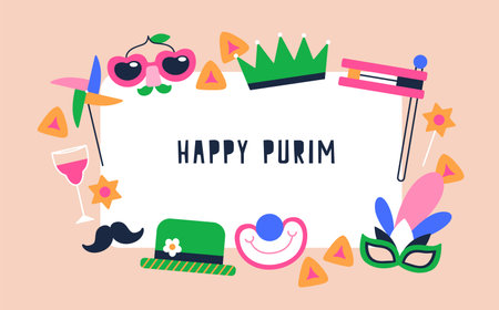 Happy Purim, festive carnival framed background. Jewish holiday card design with fun mask, hat, crown, mustache and glasses. Funny backdrop, festival masquerade party banner. Flat vector illustrationのイラスト素材