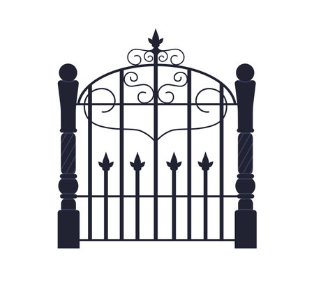 Ornate wicket gate, classic wrought iron door of 19th century. Vintage entrance with decorated lattice in old style. Decorative metal fence. Flat vector illustration isolated on white backgroundのイラスト素材