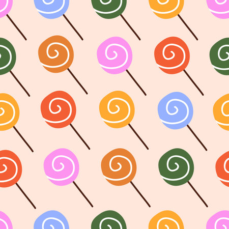 Lollipop pattern. Seamless sweet background with candy, lollypop print, texture. Colorful lolly for textile, fabric, wallpaper and package design. Repeating printable flat vector illustrationのイラスト素材