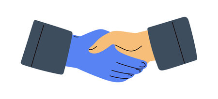 Business handshake. Agreement concept. Partners shaking hands for cooperation in corporate deal. Trust in teamwork, professional relationship. Flat vector illustration isolated on white backgroundのイラスト素材