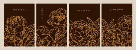 Engraved flower cards with peony blossom. Floral etchings, drawings set, contoured outlined gorgeous Japanese blooms. Detailed woodcut buds in retro style. Hand-drawn graphic vector illustrationsのイラスト素材