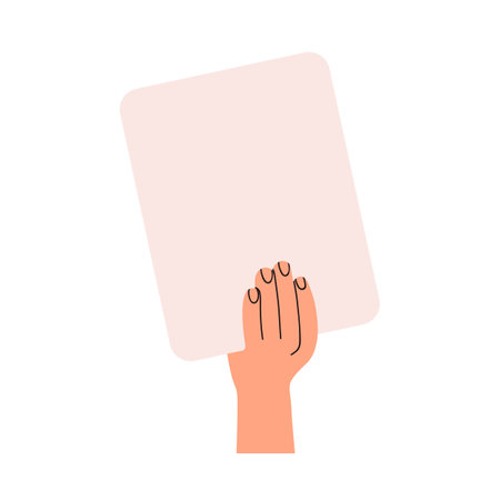 Hand holding blank paper sheet. Showing, presenting clean clear space on ad placard, card, poster background for announcement, information. Flat vector illustration isolated on white backgroundのイラスト素材