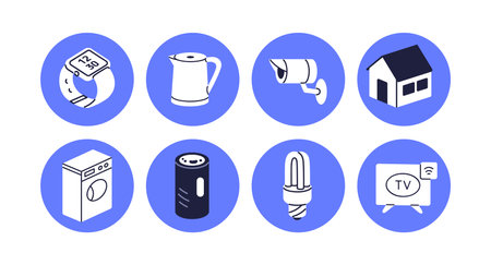 Smart home icons set. House technology, remote devices control, security, electric household appliances symbols. Safety monitoring, automation. Flat vector illustrations isolated on white backgroundのイラスト素材
