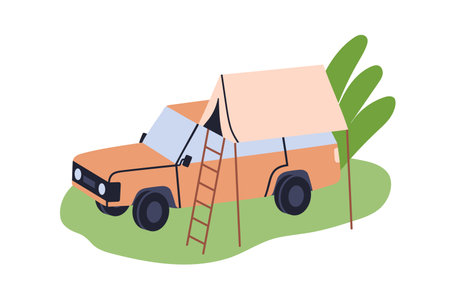 Camping tent with ladder, travel car. Camper vehicle, mobile dwelling transport. Summer holiday trip in nature, outdoors campsite at roof top. Flat vector illustration isolated on white backgroundのイラスト素材