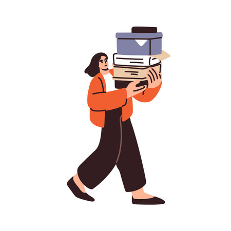 Employee carrying work papers, documents stack. Office worker, female clerk going, holding many files, boxes, business folders in hands, moving. Flat vector illustration isolated on white backgroundのイラスト素材