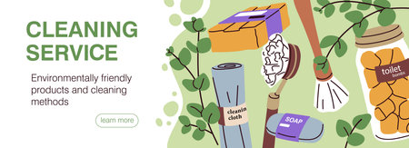 Eco cleaning service, web banner. Green eco-friendly household products, natural ecological supplies, website design. Bio organic sustainable detergents, online background. Flat vector illustrationのイラスト素材