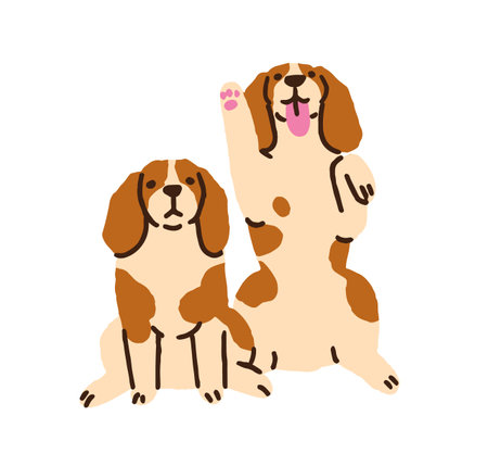 Dog friends. Cute puppies with happy playful and straight neutral expressions, emotions. Two Beagle in different pose. Funny pets, canine animals. Flat vector illustration isolated on white backgroundのイラスト素材