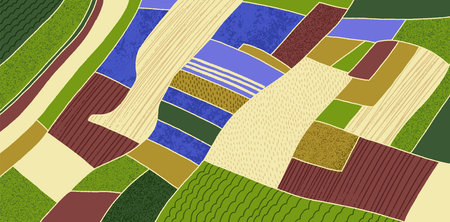 Farm field, agriculture pattern from top. Geometric farmland landscape, aerial view. Rural country...
