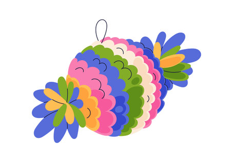 Candy-shaped pinata toy with sweets. Colorful festive Mexican holiday adornment. Traditional ornament, decoration with surprise. Funny gift. Flat vector illustration isolated on white backgroundのイラスト素材