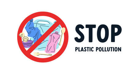 Stop pollution, anti-plastic sign, warning symbol. Eco-friendly campaign to reduce littering, garbage, waste and trash ban, ecology protection. Flat vector illustration isolated on white backgroundのイラスト素材