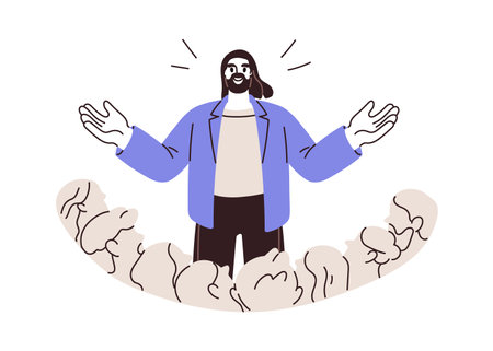 Public speaking skill, leadership, influence concept. Confident man inspiring audience. Happy speaker with motivation speech. Leader coaching. Flat vector illustration isolated on white backgroundのイラスト素材