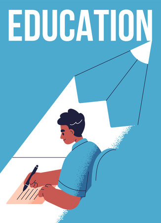 Education poster design. Student writing, studying, learning and training at school lesson. Grammar and knowledge, promotion background with African-American character. Flat vector illustrationのイラスト素材