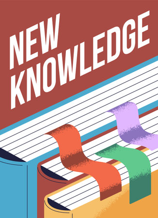 Books for knowledge and education, poster design. Studying, reading card. Library, learning grammar with textbooks, encyclopedias with bookmarks, vertical background, flyer. Flat vector illustrationのイラスト素材