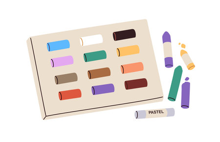 Oil pastel sticks, coloured pencils, colored crayon kit in box, case. Drawing tools, art supplies. Painting wax soft stationery, pigments. Flat vector illustration isolated on white backgroundのイラスト素材
