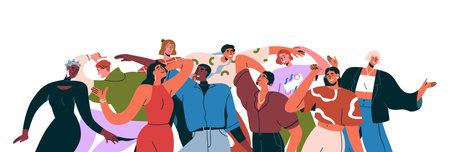 Dancing people at disco party celebration. Happy friends group celebrating together. Joyful and energetic male, female characters in club. Flat vector illustration isolated on white backgroundのイラスト素材