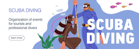 Scuba diving, web-site banner design. Divers club, underwater undersea marine sport school, website background, template. Online promotion page, advertising webpage. Flat vector illustrationのイラスト素材