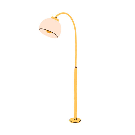 Floor lamp, elegant design with brass stand. Electric indoor light for home illumination. Modern style luminaire with lightbulb and shade. Flat vector illustration isolated on white backgroundのイラスト素材