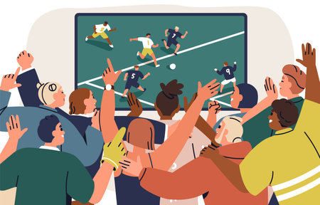 People crowd watching soccer game, sport match on TV screen. Happy football fans, back view, cheering team, celebrating goal in championship. Flat vector illustration isolated on white backgroundのイラスト素材