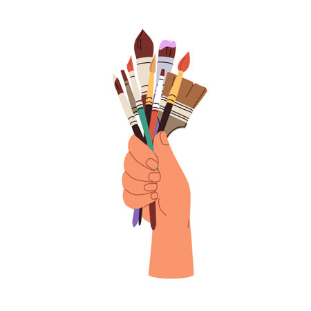 Paint brushes in hand. Holding paintbrushes. Art supplies and accessories, different painting and drawing bristle tools, artists stationery. Flat vector illustration isolated on white backgroundのイラスト素材