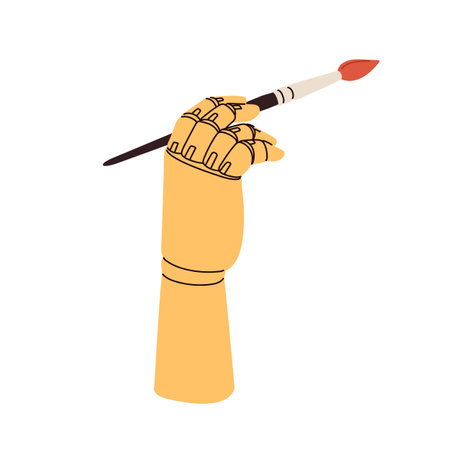 Paint brush in wooden mannequin hand. Arm model holding paintbrush. Art tool for painting, drawing study, education. Creative craft supplies. Flat vector illustration isolated on white backgroundのイラスト素材