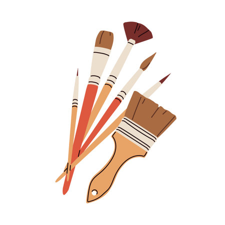 Paint brushes kit for drawing. Painting tools, bristles composition. Paintbrushes, art supplies of different size and shape. Creative equipment. Flat vector illustration isolated on white backgroundのイラスト素材