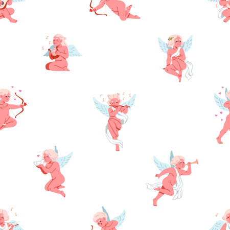 Cute cupids, cherubs, seamless pattern. Angel characters, love background. Happy Valentine Day design, repeating print for fabric, wallpaper, wrapping and textile. Romantic flat vector illustrationのイラスト素材