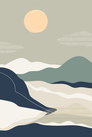 Abstract landscape poster. Calm nature with sun and waves, card. Serene minimalist background, interior wall art design. Contemporary peaceful zen scenery. Modern style flat vector illustrationのイラスト素材