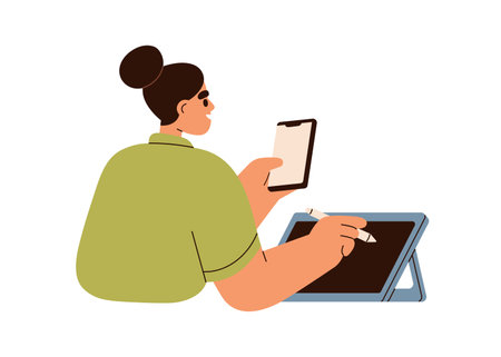 Digital artist drawing with stylus on tablet computer, holding mobile phone. Creative multitasking designer at work. Illustrator freelancer. Flat vector illustration isolated on white backgroundのイラスト素材