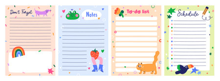 Cute notepad pages set. Vertical paper sheet backgrounds, colorful funny doodle designs with funky elements for planners, notebooks, journals, to-do lists, memo notes. Flat vector illustrationsのイラスト素材