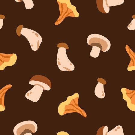 Mushroom, seamless pattern. Endless design with forest fungus, chanterelle, boletus. Repeating print, autumn texture. Fall fungi, printable wrapping, wallpaper, textile. Flat vector illustrationのイラスト素材