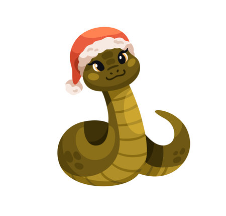 Cute snake in santa hat, cap. Happy smiling animal character, Chinese New Year symbol. Kawaii Christmas mascot, Asian zodiac. Kids flat cartoon vector illustration isolated on white backgroundのイラスト素材