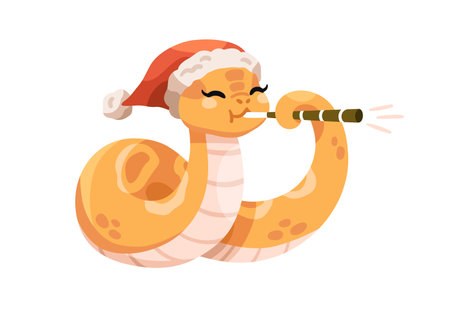 Cute happy snake with flute, playing music for Chinese New Year celebration. 2025 CNY animal symbol, mascot in Santa hat. Funny kids flat cartoon vector illustration isolated on white backgroundのイラスト素材