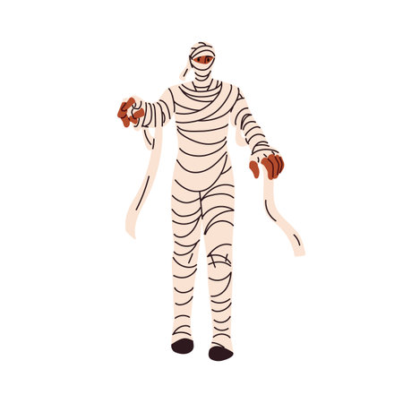 Mummy, Halloween zombie costume. Scary Helloween character disguised in bandages, walking. Creepy spooky haunted man, October party masquerade. Flat vector illustration isolated on white backgroundのイラスト素材