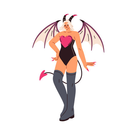 Woman in Helloween costume with wings, tail and horns. Sexy seductive female character disguised for Halloween party, October masquerade. Flat vector illustration isolated on white backgroundのイラスト素材