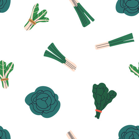 Green leafy vegetable pattern. Seamless background, vegetarian healthy fresh food. Organic farm...