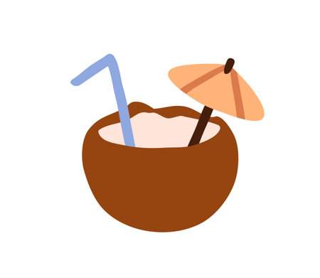 Coconut drink with straw and umbrella. Tropical summer cocktail, refreshing beverage. Exotic beach Hawaii water. Healthy sweet coco milk. Flat vector illustration isolated on white backgroundのイラスト素材