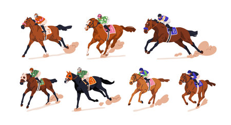 Jockeys on racehorses. Equestrian, horseback sport. Galloping, racing, running horses and riders riding in derby. Horseracing speed. Flat vector illustrations set isolated on white backgroundのイラスト素材
