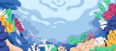 Sea background, underwater landscape. Marine life, coral reef, seabed, fish and seaweed. Tropical...