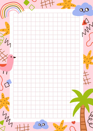 Notepad paper, cute funny page design. Kids diary background, framed with doodle style grid, cloud, rainbow, palm tree. Modern school planner, notebook template. Colorful flat vector illustrationのイラスト素材