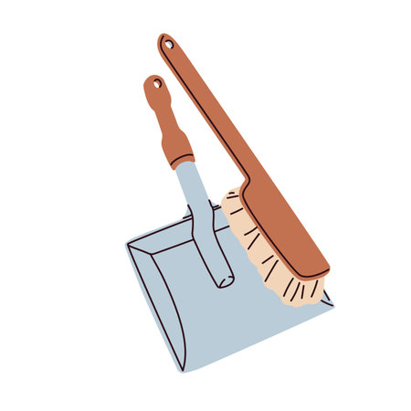 Scoop and brush for sweeping. Dustpan, shovel, cleaning accessory, supplies. Dust pan and bristle for housework. Manual domestic tool. Colored flat vector illustration isolated on white background.のイラスト素材