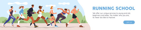 Running people, web banner design. Active joggers, runners in park, outdoor cardio event. Jogging and training school, sports activity, long advertising header background. Flat vector illustrationのイラスト素材