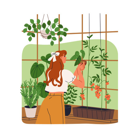 Woman growing green leaf plants in greenhouse, conservatory. Female caring for houseplants in glasshouse, hothouse. Indoor gardening in pots. Flat vector illustration isolated on white backgroundのイラスト素材