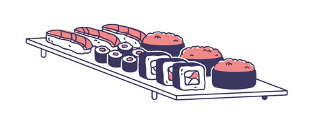 Sushi set, Japan rolls, nigiri, uramaki and maki. Traditional Japanese cuisine with salmon, tuna, rice. Asian susi meal served on board plate. Flat vector illustration isolated on white backgroundのイラスト素材