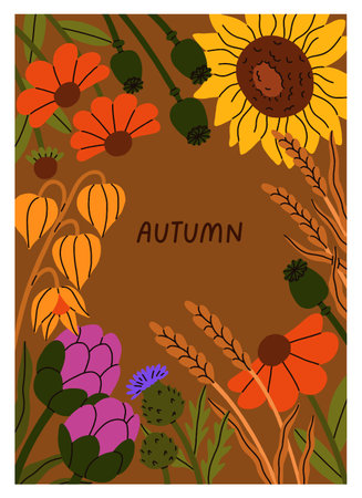 Autumn card, fall season flower blossoms. Botanical natural poster, framed floral blooming background. Vertical postcard design with delicate gentle wildflowers. Flat graphic vector illustrationのイラスト素材