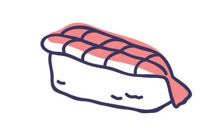 Nigiri, sushi topped with shrimp slice on rice. Traditional Japanese cuisine, food with fresh prawn. Delicious Asian Japan seafood, eating. Flat vector illustration isolated on white backgroundのイラスト素材